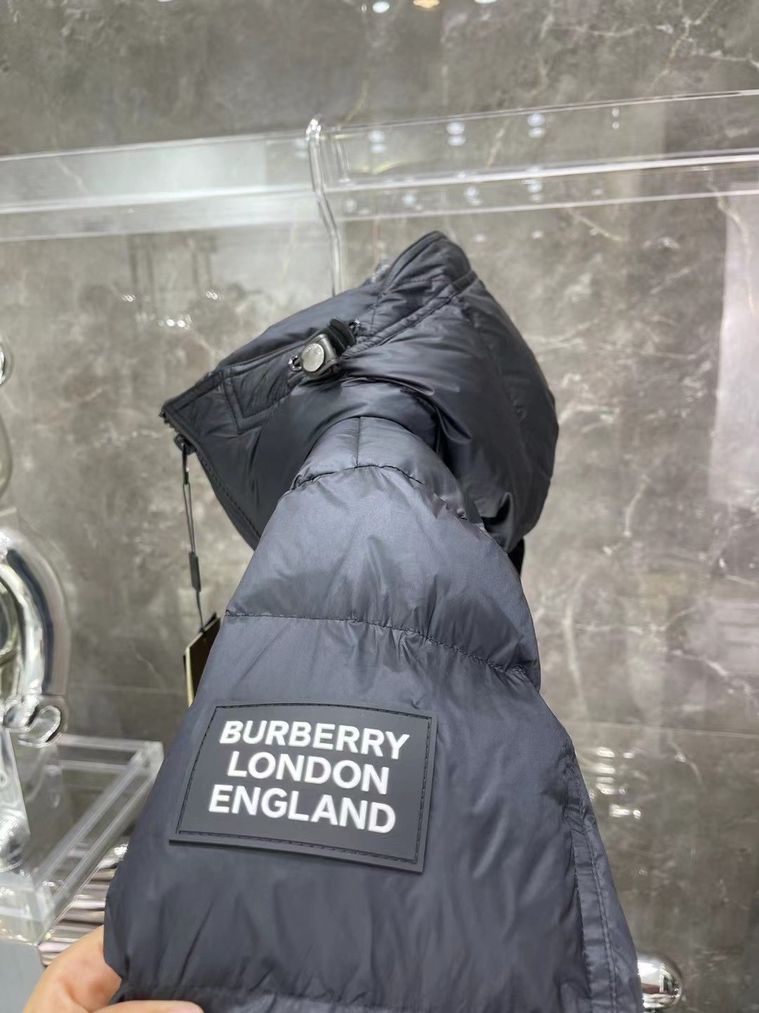 Burberry Navy Hooded Long Puffer Jacket