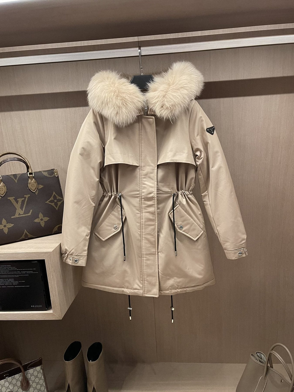 Prada Detachable Fox Fur-Trim Hood Long Down Jacket