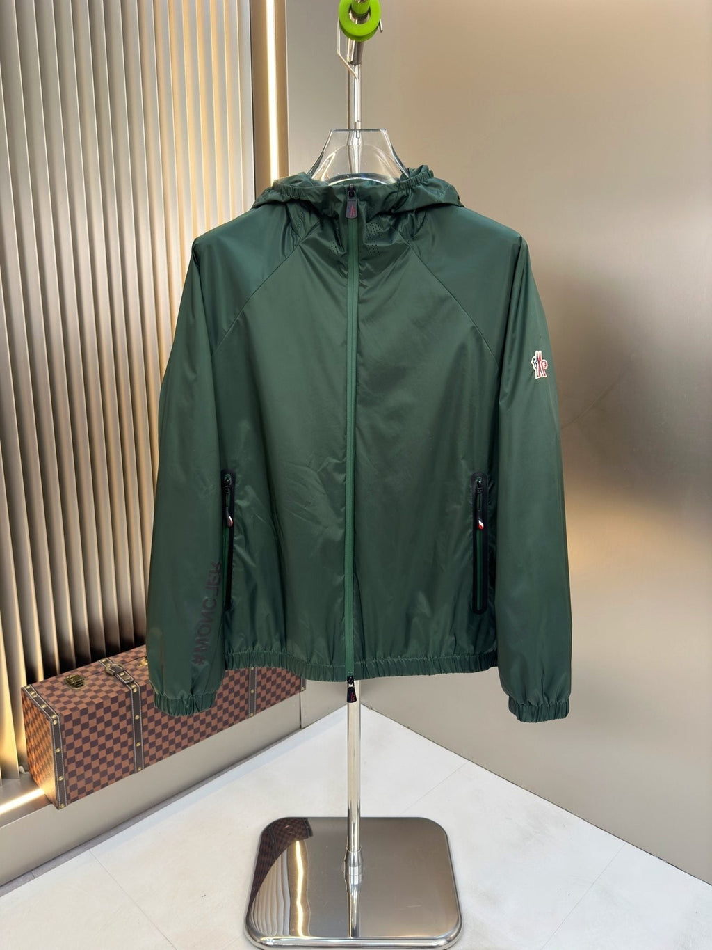 Moncler Hooded Zip-Front Jacket with Chest Emblem