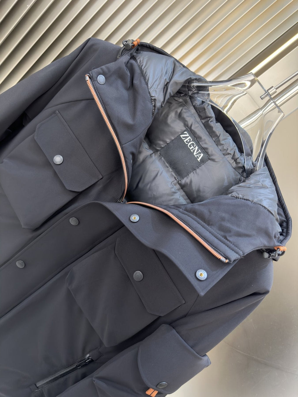 Zegna Hooded Utility Coat with Orange Trim
